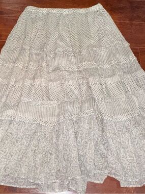 Nitya- Light Weight Tiered Boho 3/4 Length Skirt - Cream with Dark Gray Print.